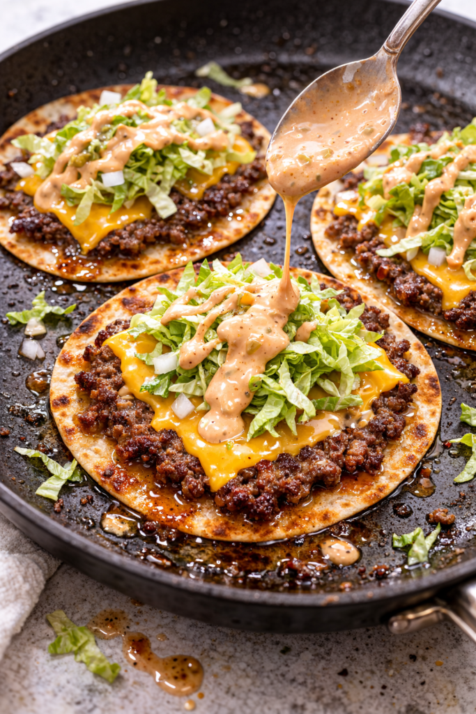 Crispy Big Mac tacos cooked in a skillet with browned flour tortillas, juicy smashed ground beef, melted American cheese, shredded lettuce, pickles, onions, and drippy special sauce.