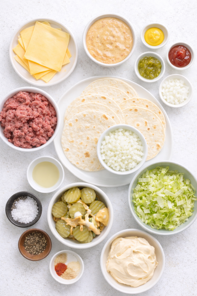 Big Mac Tacos Ingredients Flat Lay