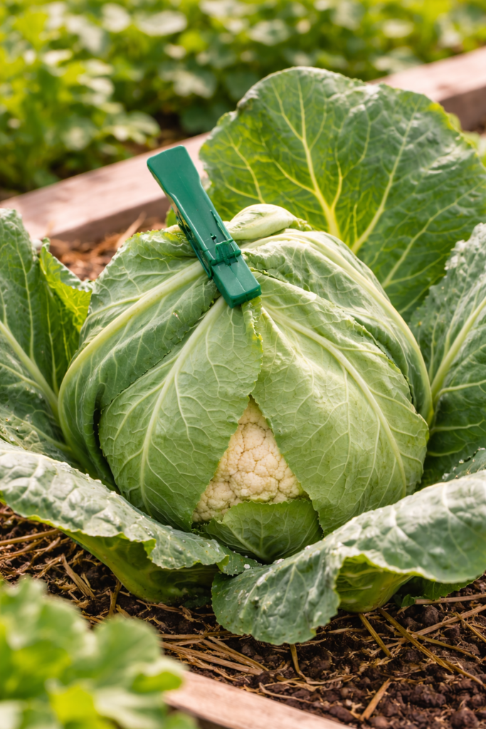Cauliflower blanching with leaves clipped over the head to protect it from sunlight