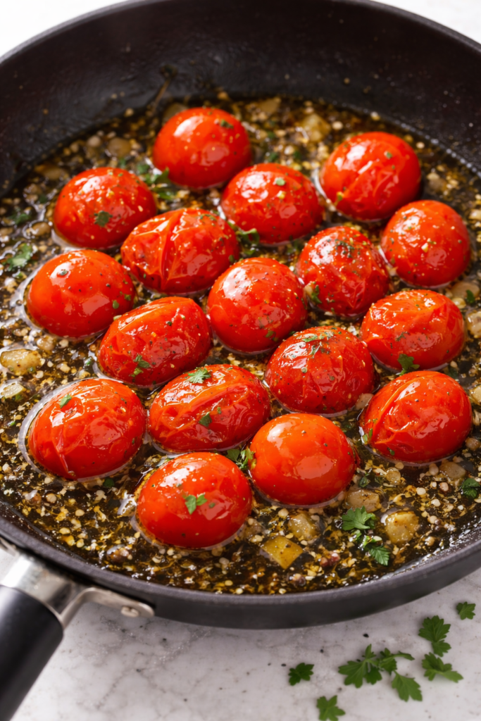 Cherry tomatoes blistering in a skillet with olive oil, garlic and thyme for whipped feta dip topping.