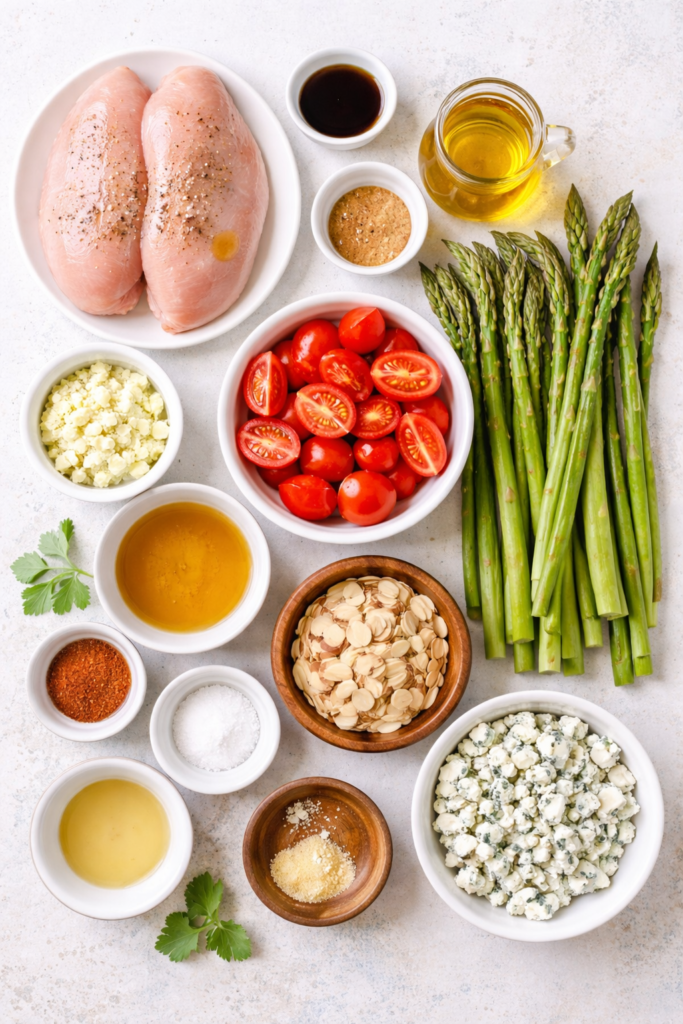 Flat lay of ingredients for blue cheese asparagus chicken salad including fresh asparagus, chicken breasts, tomatoes, blue cheese, almonds, and homemade dressing ingredients.
