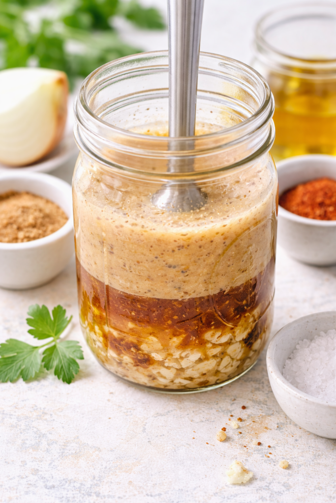 Homemade blue cheese asparagus salad dressing being blended in a mason jar with oil, vinegar, Worcestershire sauce, and seasonings.