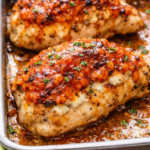 Blue cheese stuffed chicken breasts roasted until golden and finished with buffalo wing sauce in a baking pan