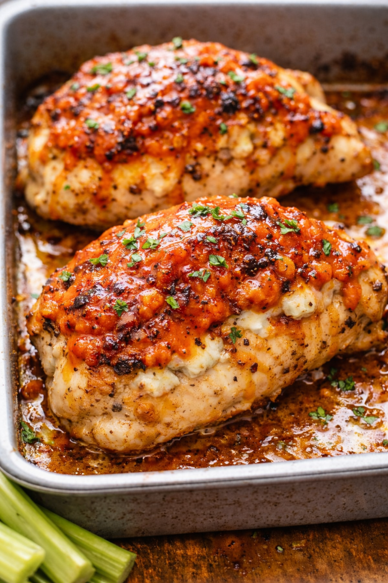 Blue cheese stuffed chicken breasts roasted until golden and finished with buffalo wing sauce in a baking pan