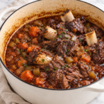 Tender braised beef chuck riblets cooked in red wine gravy with carrots, celery, and onions in a white Dutch oven
