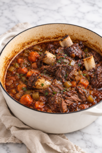 Tender braised beef chuck riblets cooked in red wine gravy with carrots, celery, and onions in a white Dutch oven