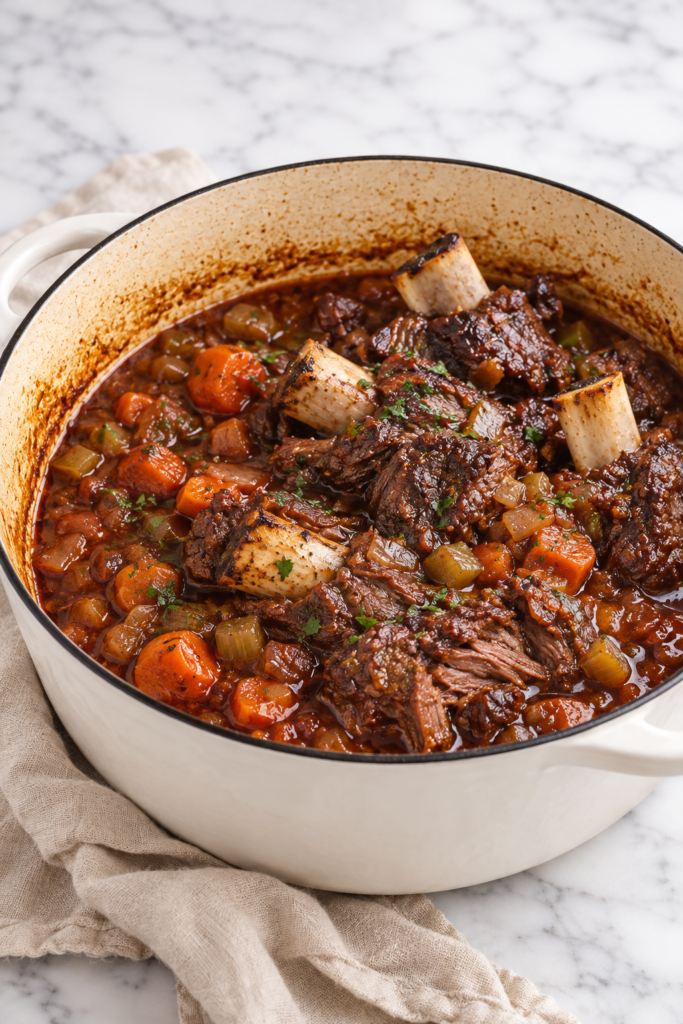 Tender braised beef chuck riblets cooked in red wine gravy with carrots, celery, and onions in a white Dutch oven