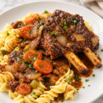 Tender braised beef chuck riblets with red wine gravy, carrots, celery, and onions served over buttered egg noodles