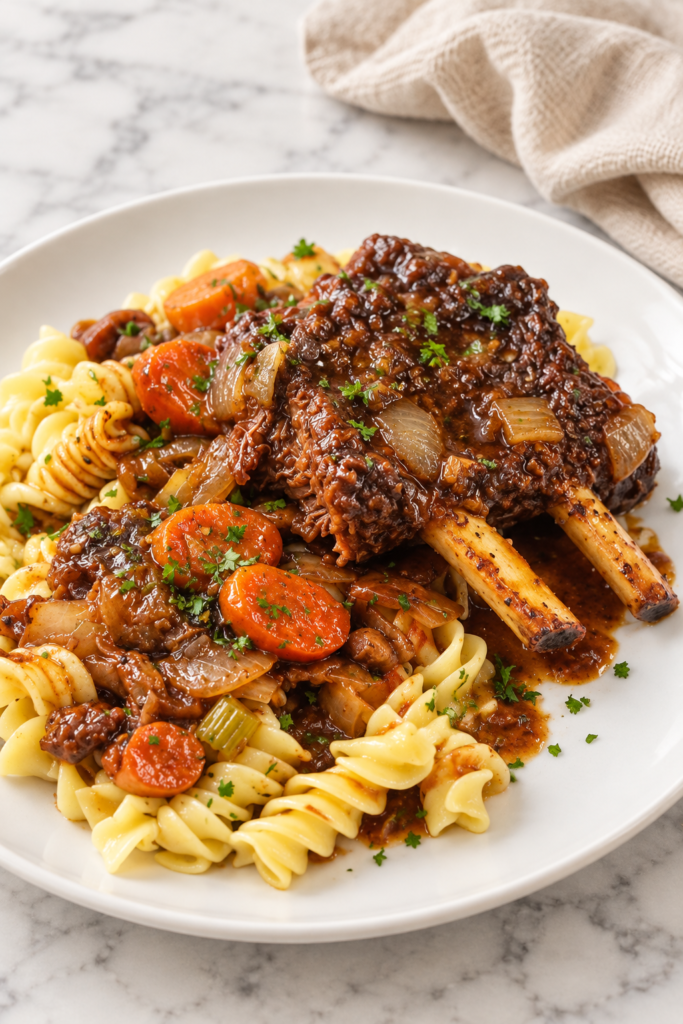 Tender braised beef chuck riblets with red wine gravy, carrots, celery, and onions served over buttered egg noodles