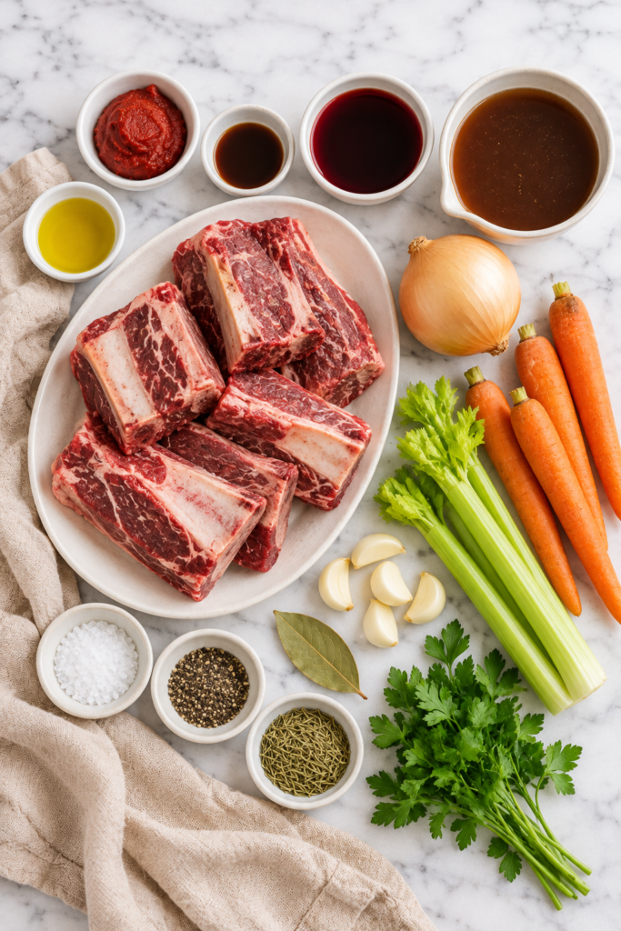 Raw beef chuck riblets with red wine, beef broth, vegetables, herbs, and seasonings arranged on white marble
