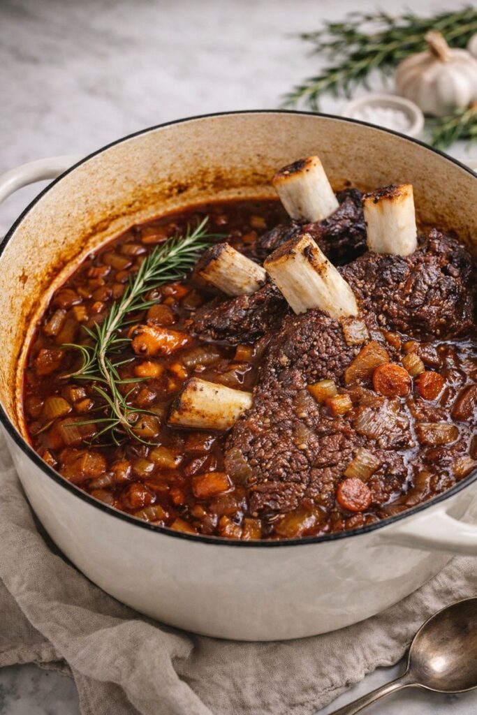Braised chuck riblets in a Dutch oven with red wine sauce, carrots, onions and rosemary