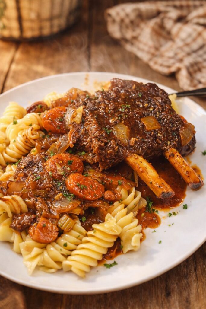 Braised chuck riblets served over rotini pasta with carrots and rich gravy on a cozy winter night