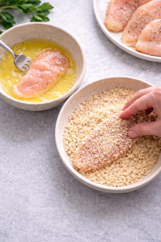 Breading chicken cutlets by dipping in egg white and coating with breadcrumbs for chicken scallopini.