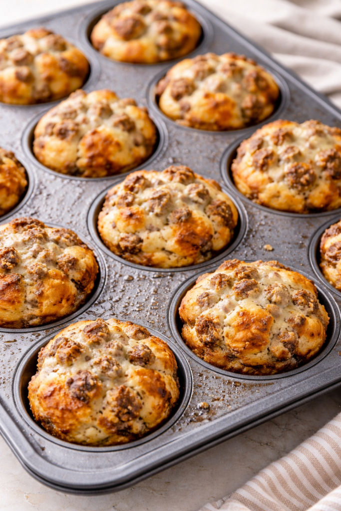 Freshly baked breakfast sausage monkey muffins bubbling with melted cheese and sausage in a muffin pan, golden and crispy around the edges.
