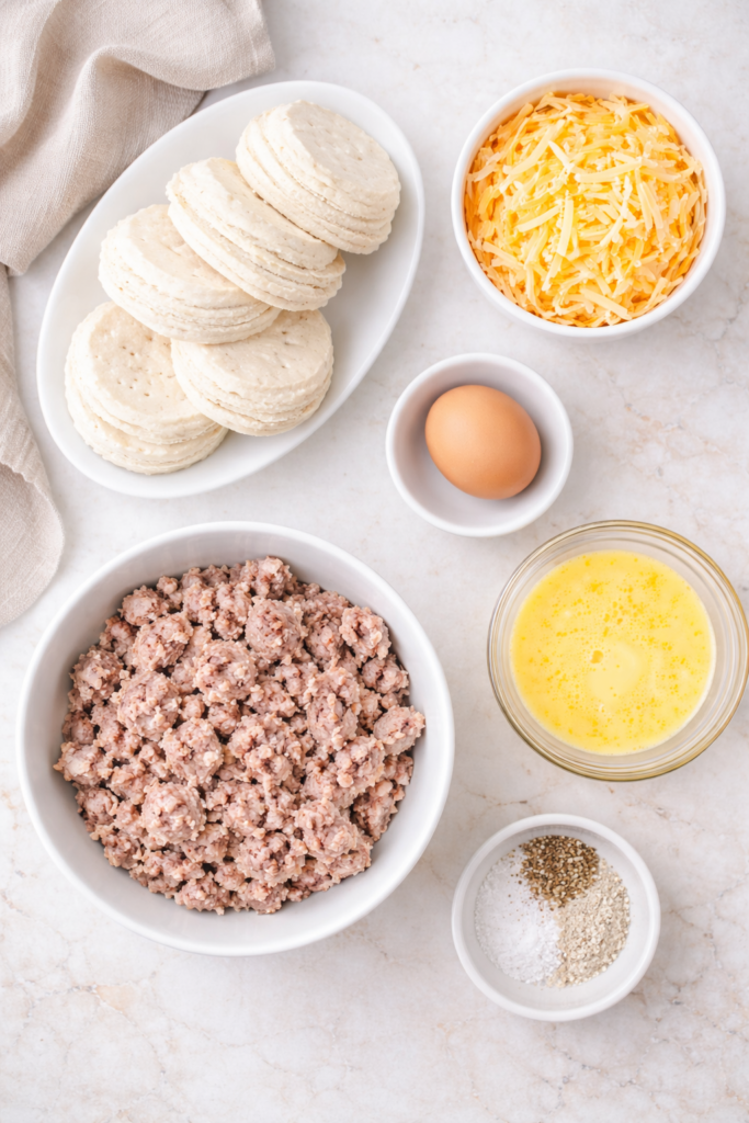Flat lay of ingredients for breakfast sausage monkey muffins including buttermilk biscuits, breakfast sausage, shredded cheese, and egg on a light marble surface.