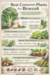 Broccoli companion planting chart showing the best plants to grow near broccoli