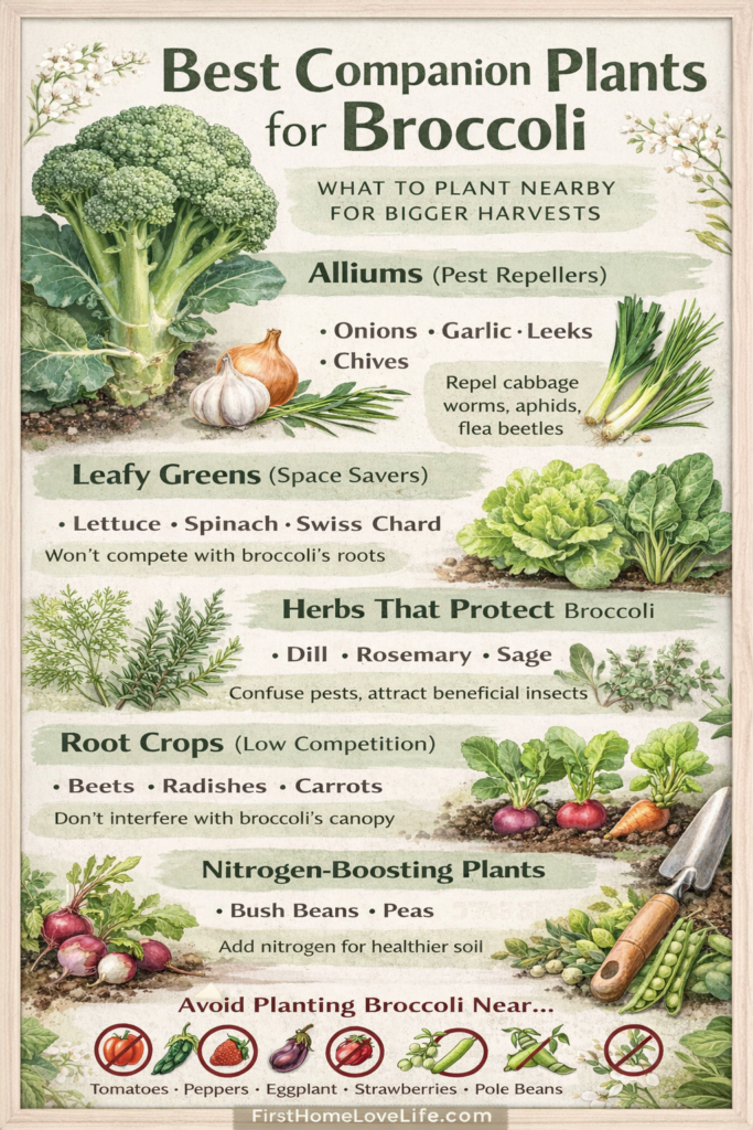 Broccoli companion planting chart showing the best plants to grow near broccoli