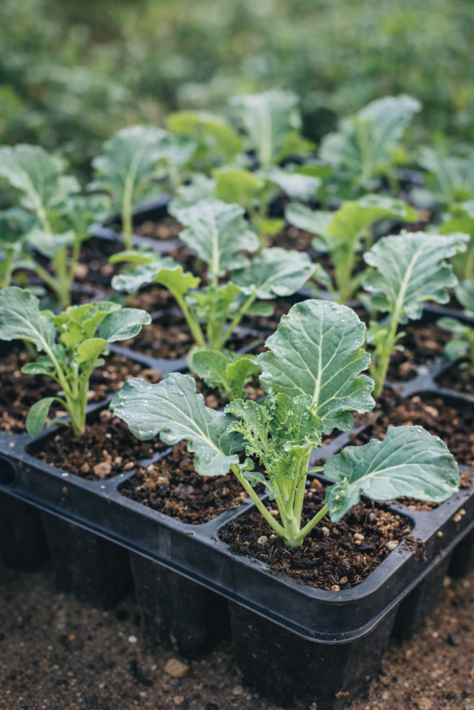 Broccoli seedlings growing in a planting tray with rich soil under natural light