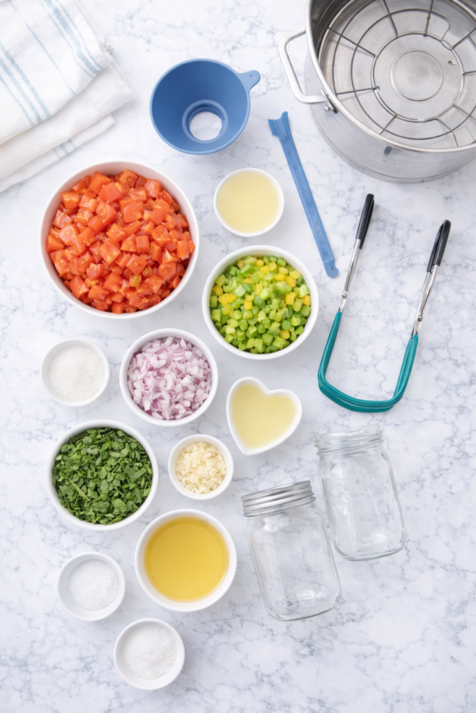 Flat lay of ingredients and tools for Ball® bruschetta in a jar including chopped tomatoes, peppers, onions, garlic, basil, olive oil, lemon juice, mason jars, funnel, jar lifter, and water bath canner on a marble surface.