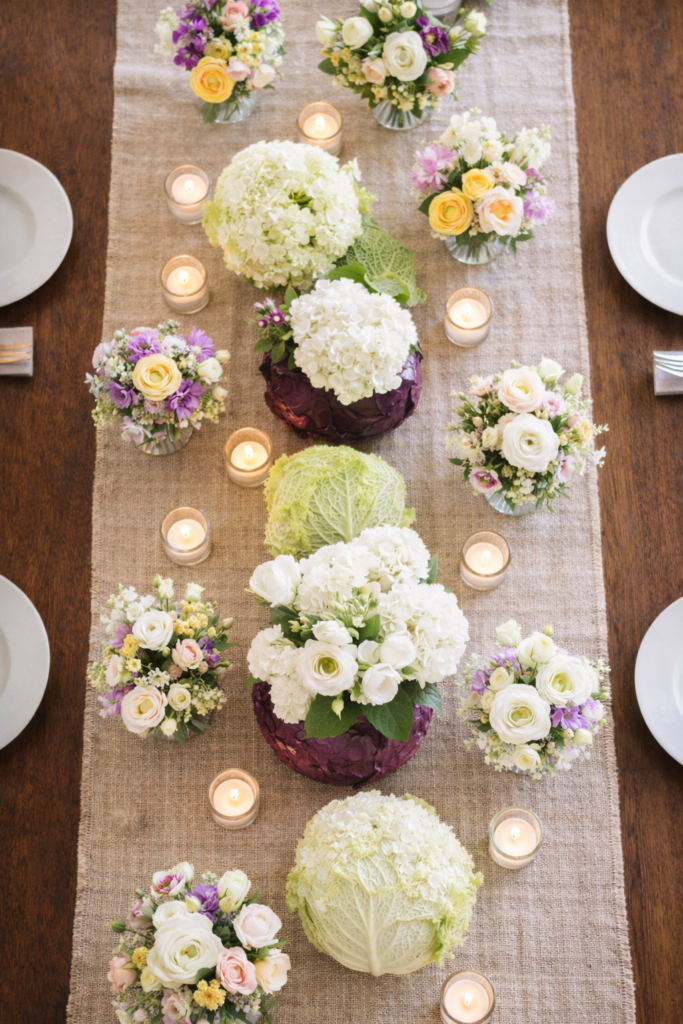 Top view of a long spring table styled with decorative cabbage centerpieces, small floral arrangements, and tealight candles for an Easter tablescape
