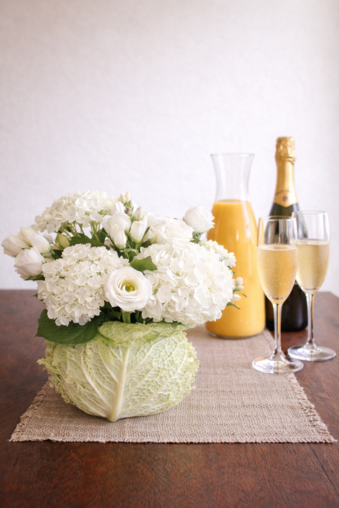 Edible Easter table decor with white flowers arranged in a cabbage centerpiece on a dark wood table, styled with orange juice and champagne for mimosas