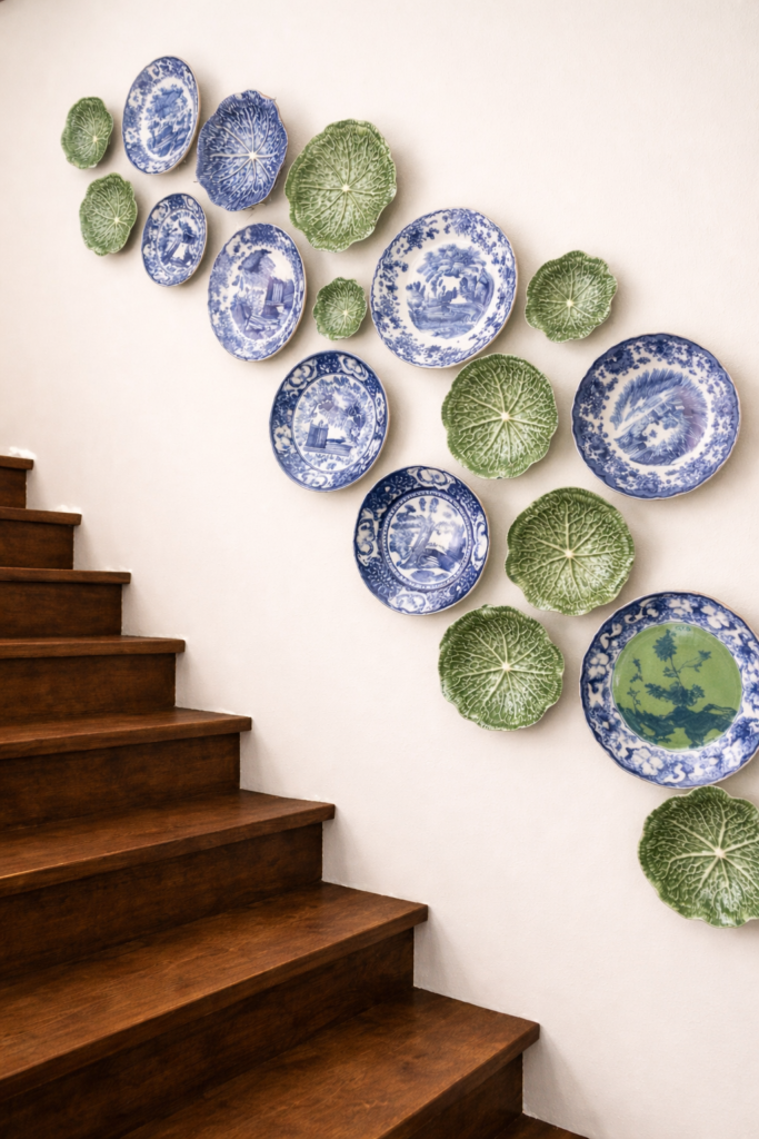 cabbageware and blue and white plates displayed on a staircase wall with dark wood steps and creamy white walls