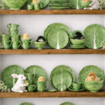 green cabbageware displayed on wooden shelves with baby chicks in bowls and cups for spring decor