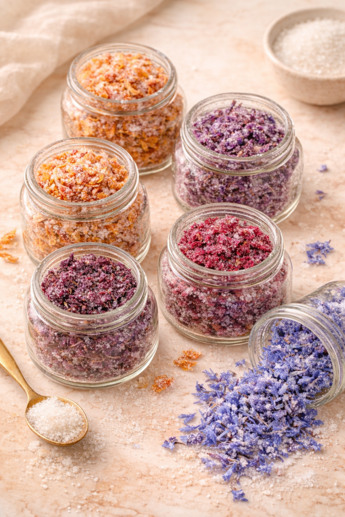 Candied Edible Flower Petals in Glass Jars on Warm Marble