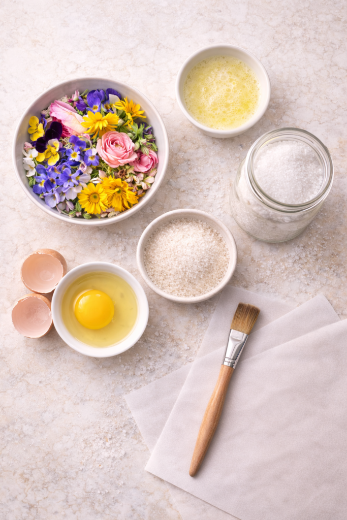 Flat lay of ingredients for candying edible flowers, including fresh edible blooms, egg white, superfine sugar, parchment paper, and a small paintbrush on a light neutral marble surface.
