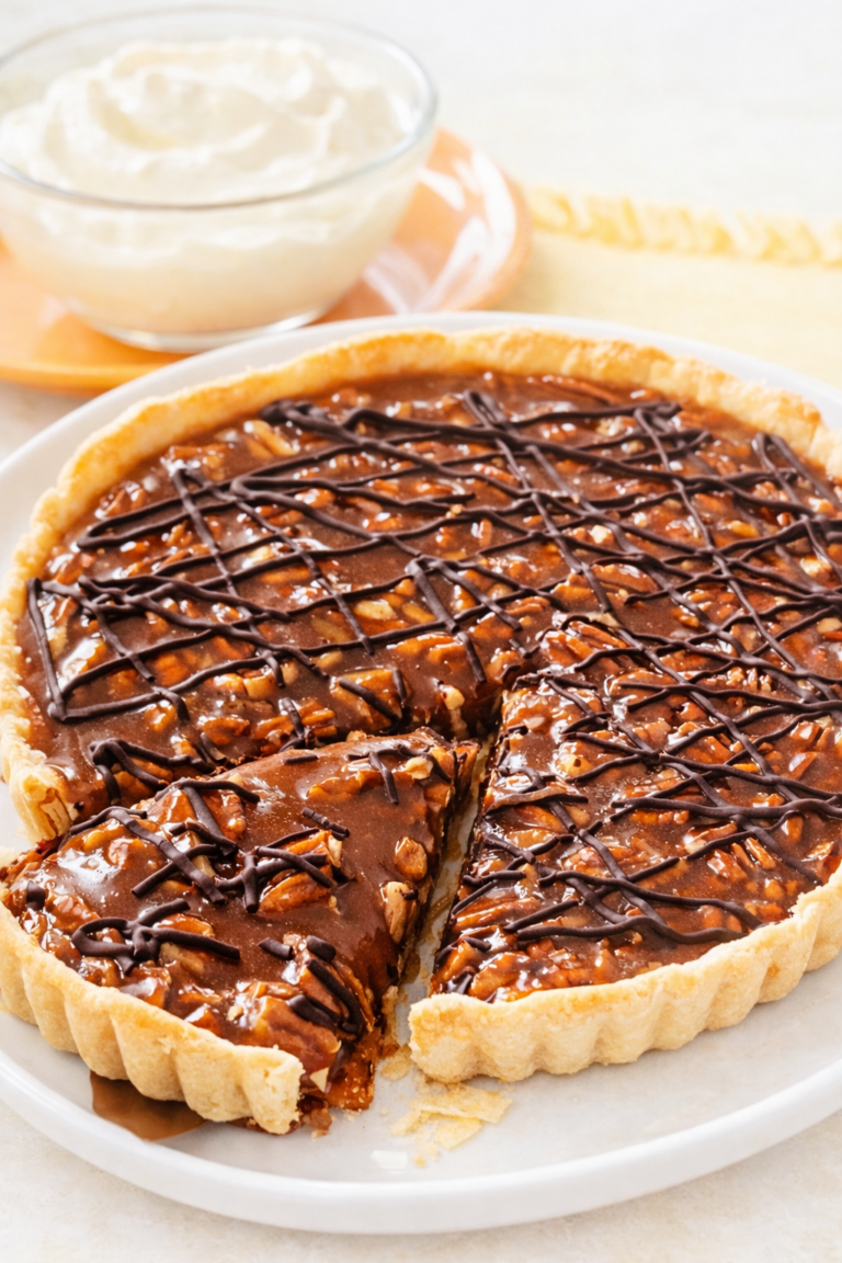Caramel turtle tart with chocolate drizzle and pecans in a buttery tart crust, sliced and served on a white plate in bright natural light.