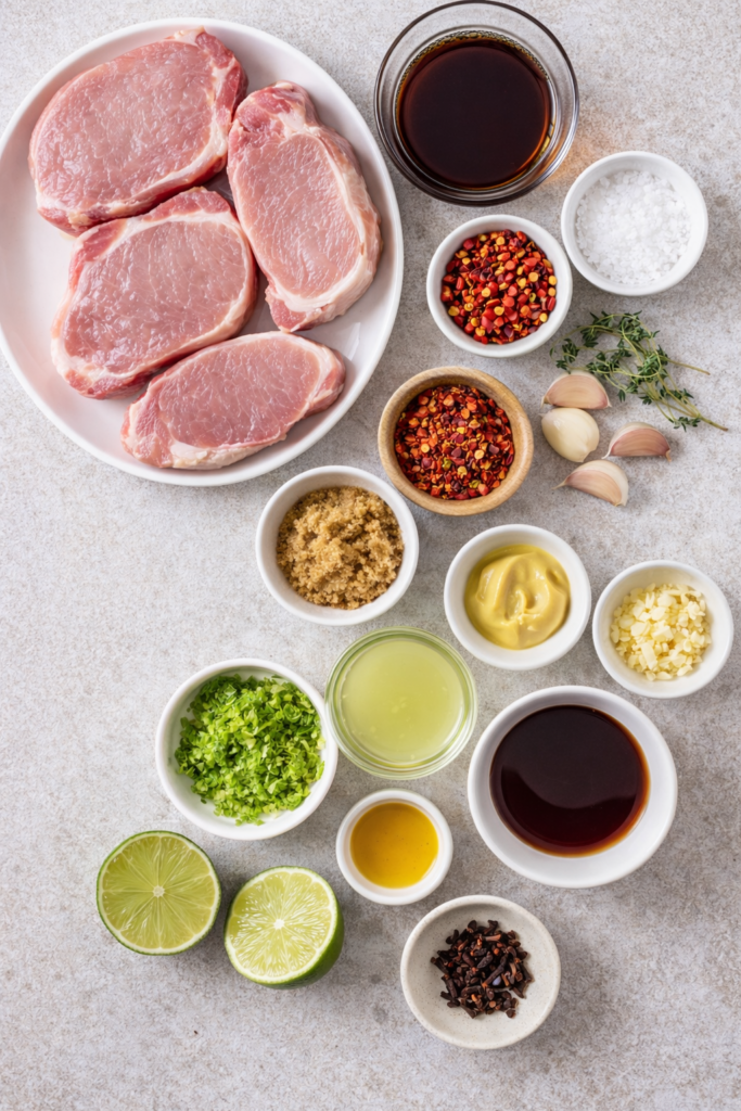 Vertical flat lay of ingredients for Caribbean rum marinated pork chops including raw pork chops, dark rum, fresh lime, brown sugar, garlic, ginger, mustard, chili pepper, and spices on a light neutral background.