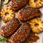 Grilled pork chops drizzled with a thin zig zag of Caribbean rum sauce on a sheet pan with charred pineapple slices and lime wedges.