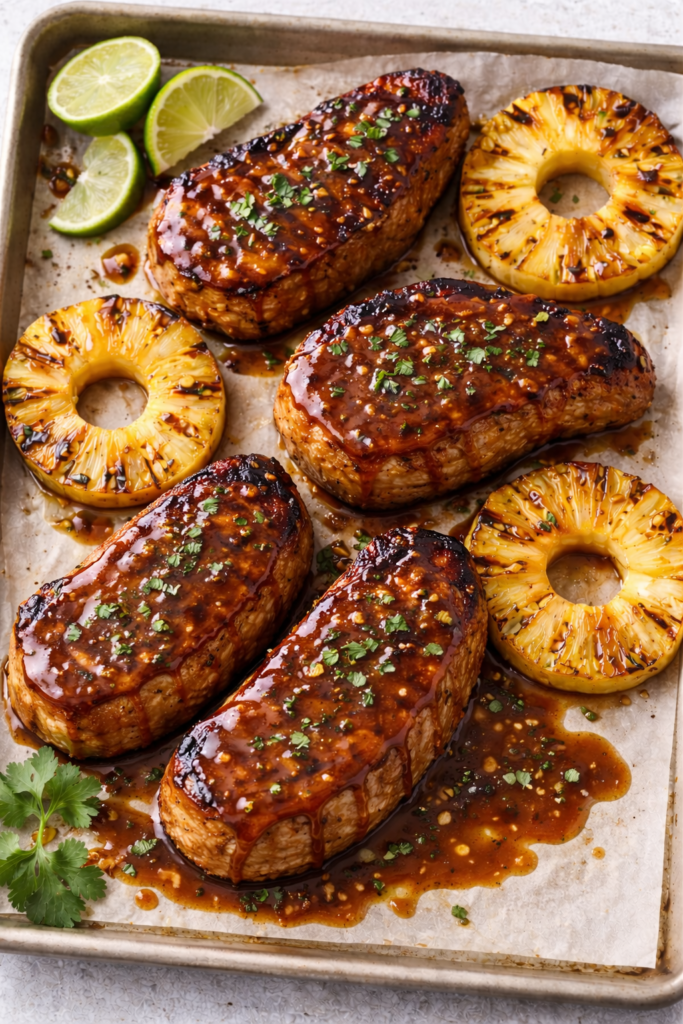 Grilled pork chops drizzled with a thin zig zag of Caribbean rum sauce on a sheet pan with charred pineapple slices and lime wedges.