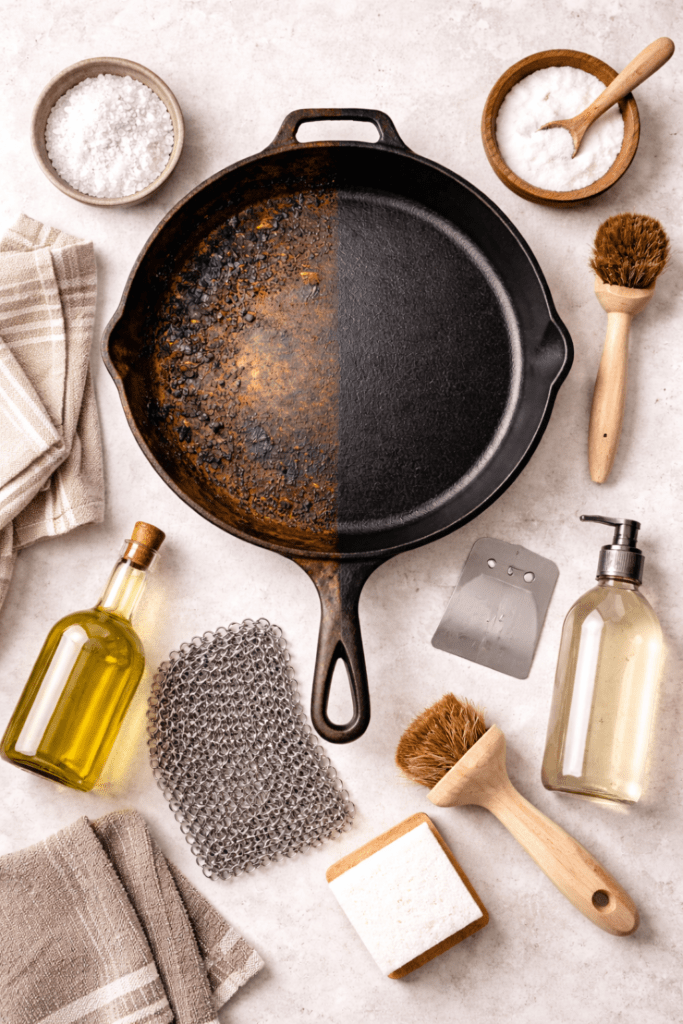 Flat lay of cast iron cleaning supplies including chainmail scrubber, coarse salt, oil, brush, scraper, sponge, and rusty cast iron skillet before restoration.