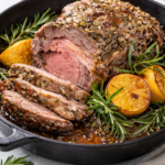 Juicy herb-crusted lamb roast sliced and served in a cast iron skillet with roasted lemons and fresh rosemary on a clean, light background.