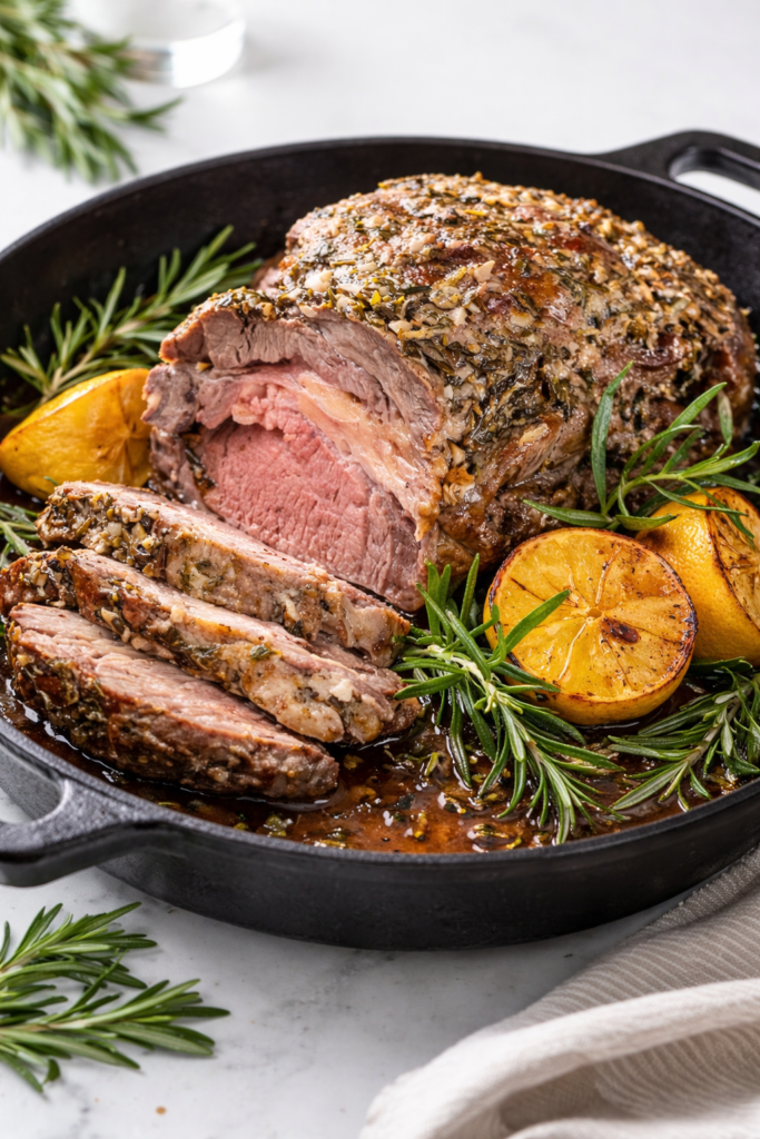 Juicy herb-crusted lamb roast sliced and served in a cast iron skillet with roasted lemons and fresh rosemary on a clean, light background.