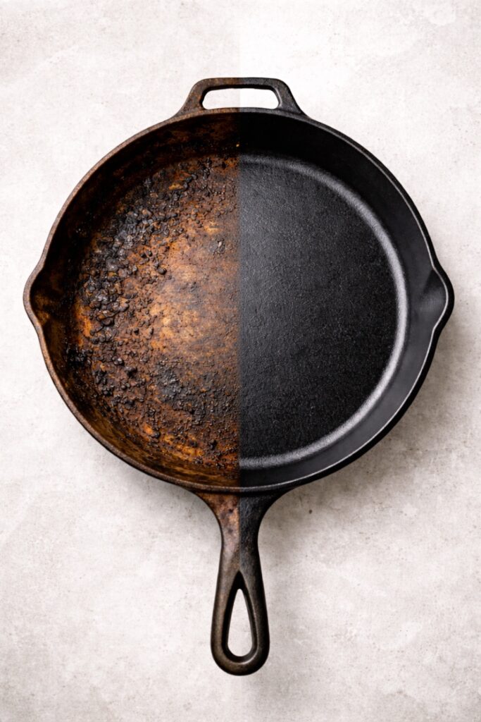 Before and after cast iron skillet showing rust removal and restoration, with one side rusted and the other side clean and seasoned.