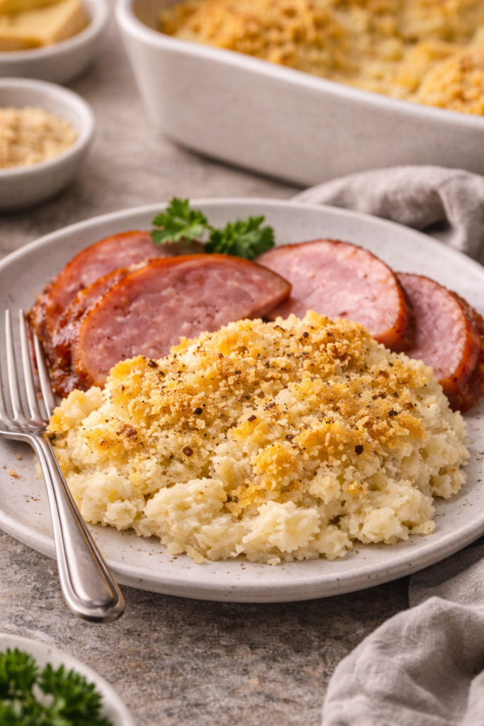 Plate of creamy cauliflower au gratin topped with golden breadcrumbs, served with sliced ham and casserole dish in background.