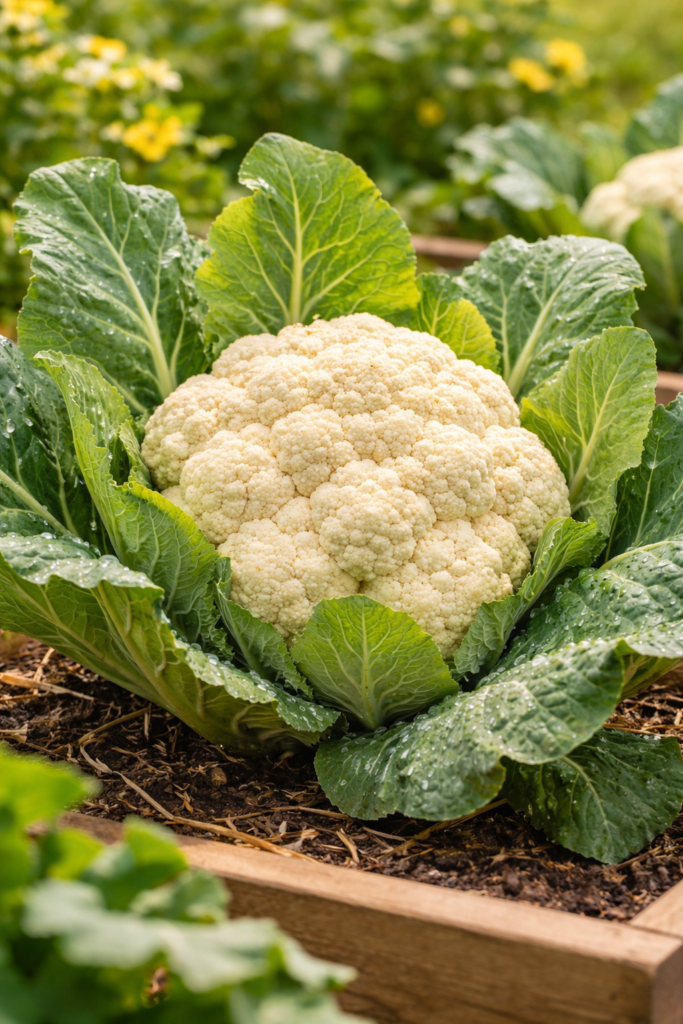 Cauliflower growing in a raised garden bed with green leaves and rich soil