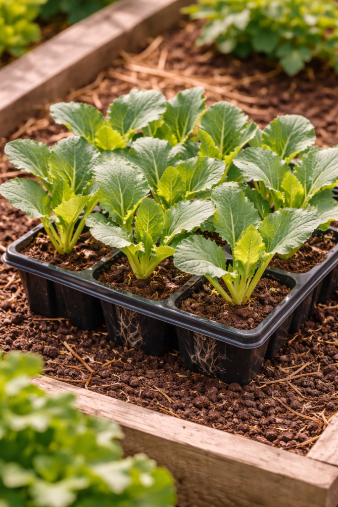 Tray of healthy cauliflower seedlings growing in individual cells before transplanting