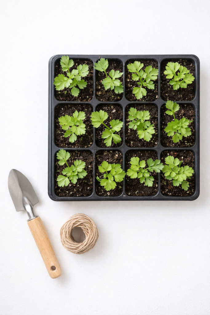 Clean aesthetic flat lay of young celery seedlings growing in seed tray on white background