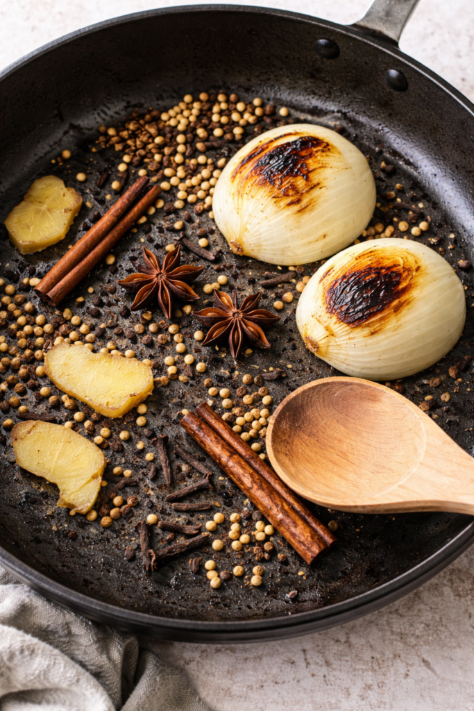 Cast iron skillet charring halved onions, ginger, cinnamon sticks, star anise, coriander seeds, and cloves for homemade chicken pho broth