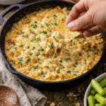 Close up of tortilla chip dipping into creamy baked Vidalia onion dip in cast iron pan.