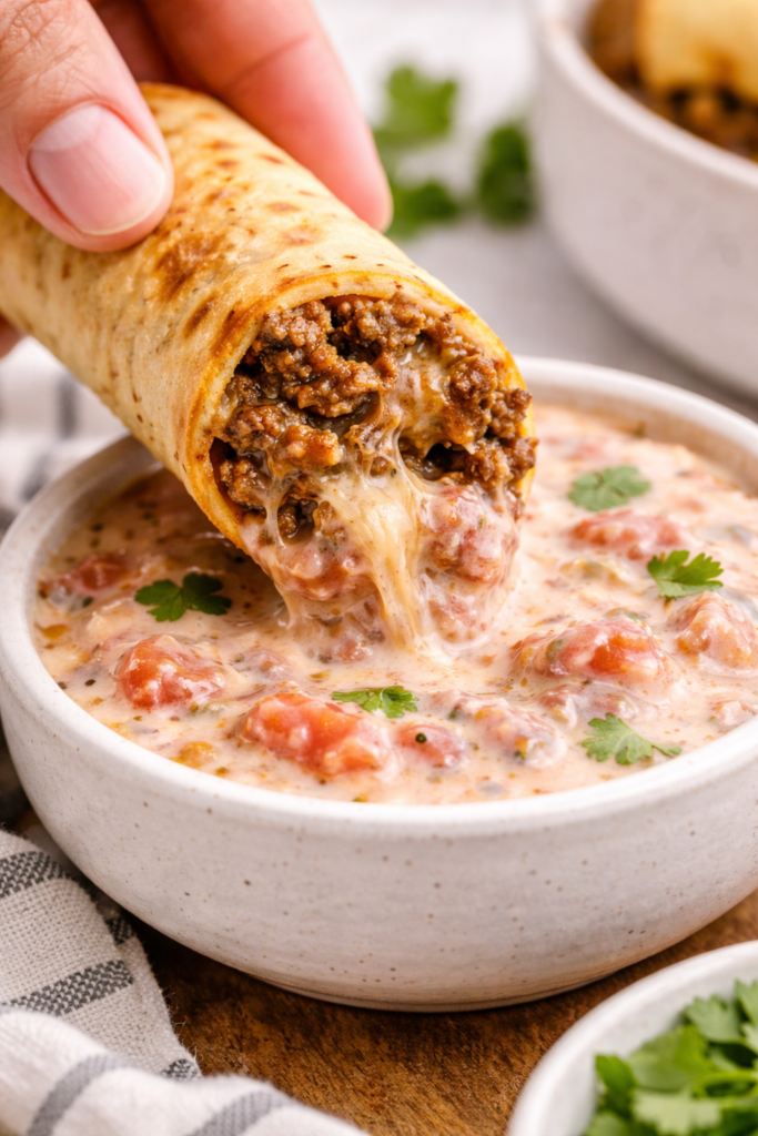 Cheesy ground beef taquito being dipped into creamy salsa with melted cheese stretching and a light bright background.