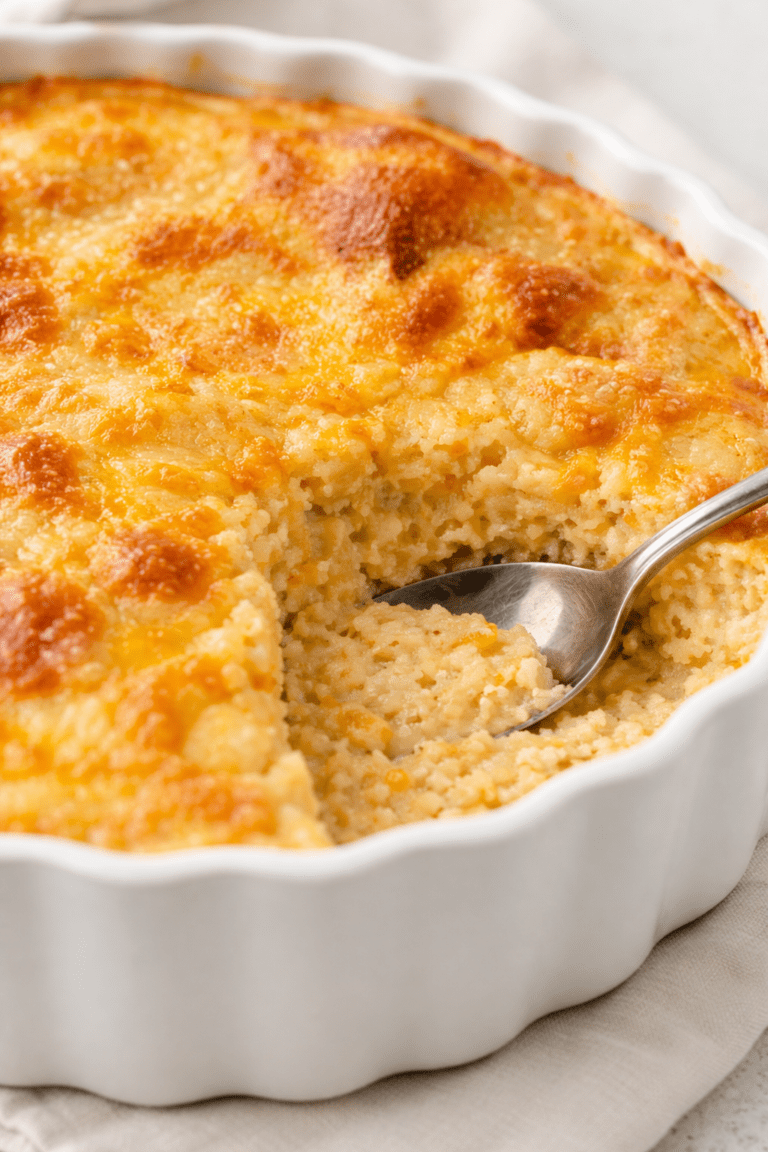 Cheesy Southern grits casserole baked until golden brown in a white scalloped baking dish with a serving spoon showing the creamy interior.