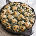 Golden brown spanakopita pull-apart rolls baked in a cast iron skillet with spinach, feta cheese, and herbs.
