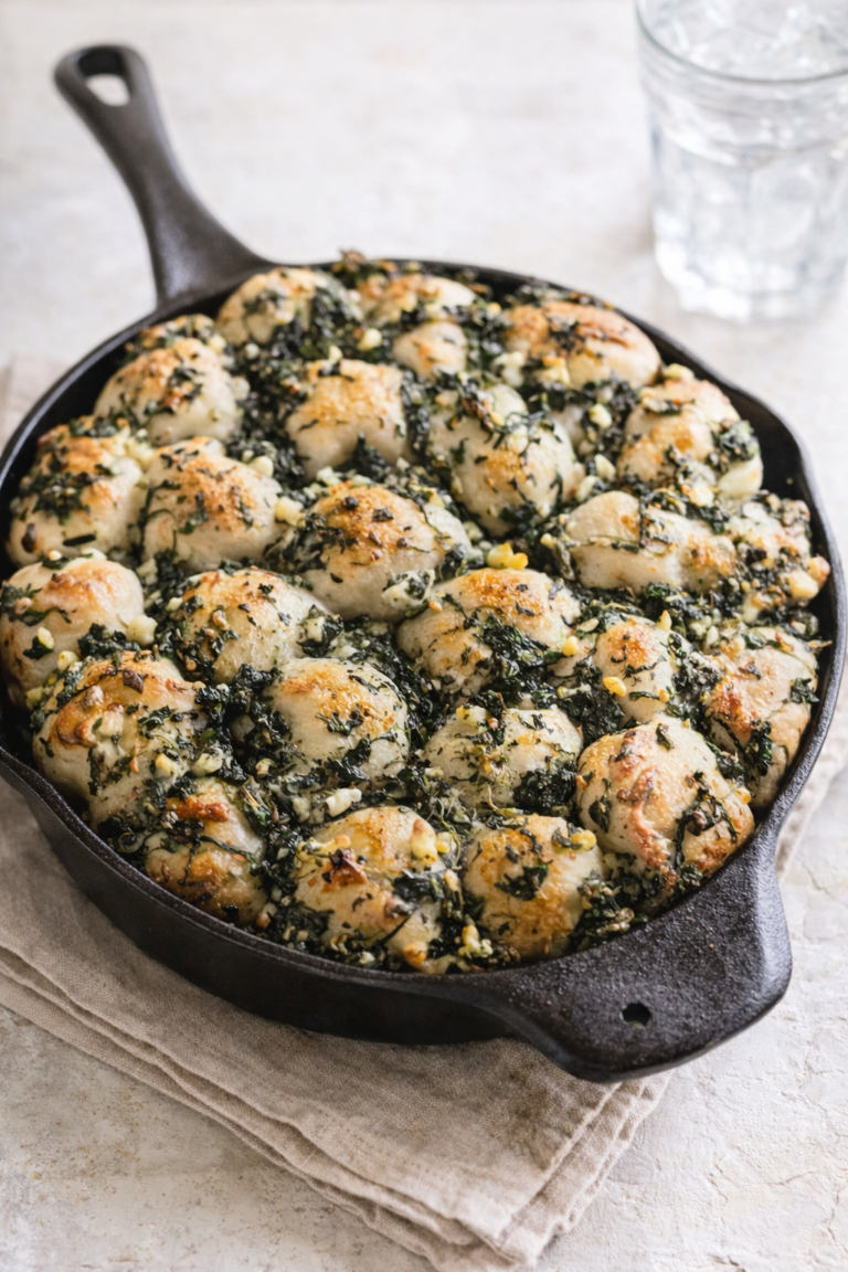 Golden brown spanakopita pull-apart rolls baked in a cast iron skillet with spinach, feta cheese, and herbs.