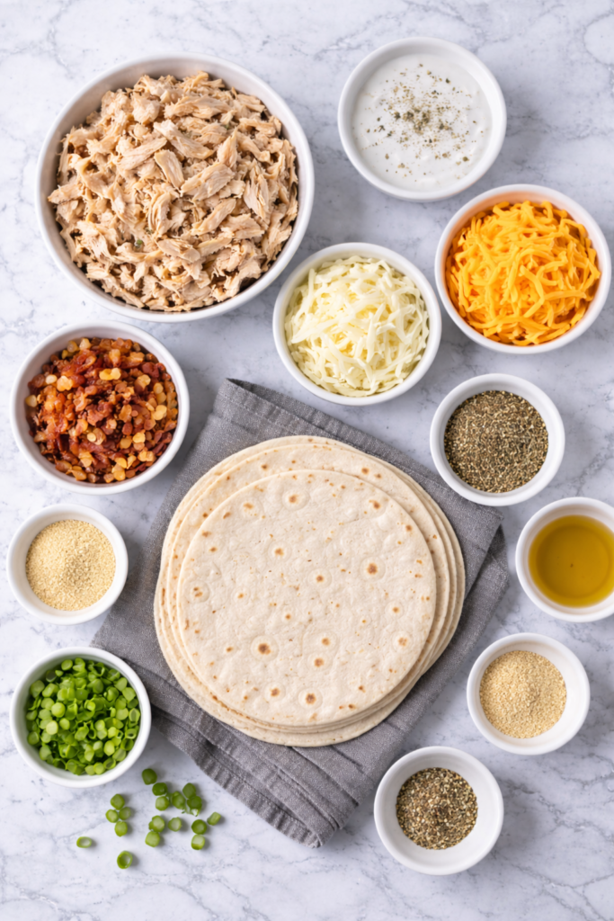 Flat lay of ingredients for chicken bacon ranch tacos including shredded chicken, bacon, cheese, tortillas, ranch dressing, and seasonings on a marble surface.