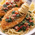 Chicken scallopini served over spaghetti with bacon, Swiss chard, and a fork twirling pasta on a plate.