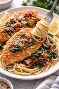 Chicken scallopini served over spaghetti with bacon, Swiss chard, and a fork twirling pasta on a plate.